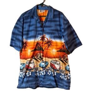 Aloha Republic XL Hawaiian Shirt Dark Blue Sunset Volcano Beach Cotton